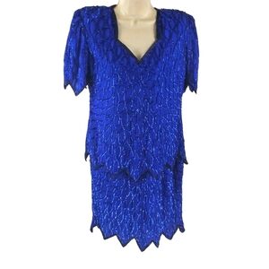 Laurence Kazar Silk Royal Blue Sequin Dress with Zigzag Hem